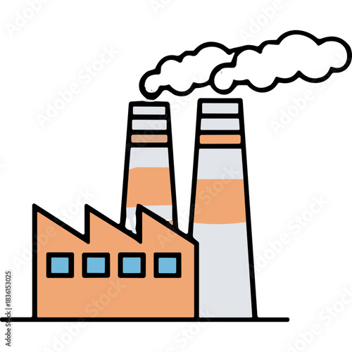 Industrial Factory With Two Tall Smokestacks Emitting Dark Smoke Under A Black Background A Simple Flat Design Illustration