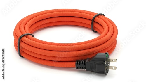 Rolled orange electrical cord with a three-prong plug, held together by a black tie