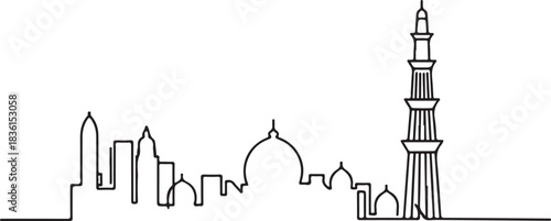 Continuous line illustration of the Delhi skyline with Qutub Minar in a minimal elegant outline drawing
