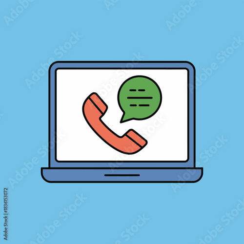 Laptop displaying a phone icon and speech bubble for communication