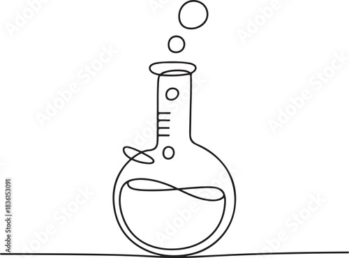 Continuous line art illustration of a laboratory flask in a clean minimal scientific style