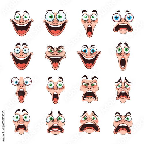 Humorous and highly exaggerated facial expressions, rendered as simple 2D flat vector illustrations, vividly depict strong emotions isolated against a clean white background.