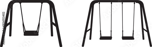 Vector silhouette of a person on a swing, isolated black and white illustration, playful outdoor activity, children’s playground concept