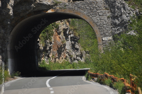 Scenic road winds through rocky tunnel surrounded by green vegetation in bright daylight
