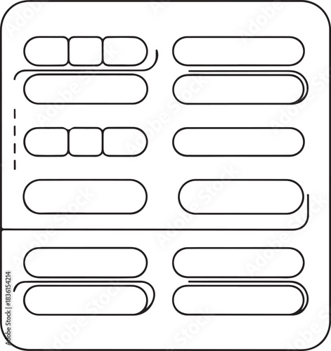 Continuous line art illustration of a blister pack of tablets in a clean minimal medical style
