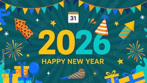 Vibrant vector illustration celebrating the arrival of Happy New Year 2026 with festive decorations, fireworks, and colorful presents