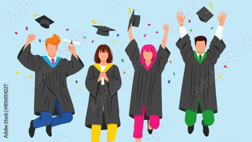 A diverse group of college students in caps and gowns celebrating their 2026 graduation by jumping with joy