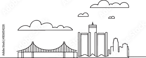 Continuous Line Art of Detroit Skyline with Ambassador Bridge Minimal Outline City Illustration