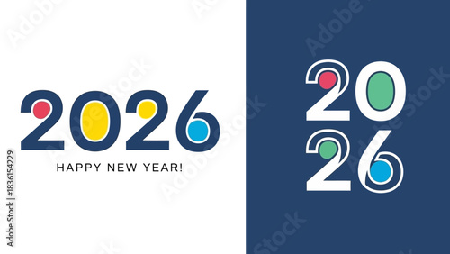 Set of 2026 Happy New Year logo designs with colorful typography. Modern vector graphic for festive celebration invitations or banners