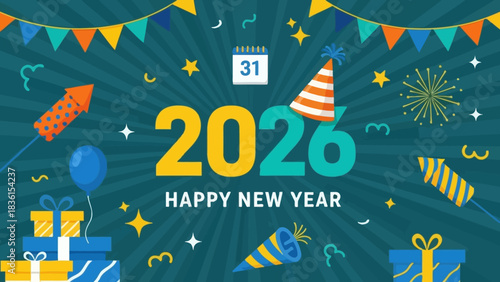 Festive Happy New Year 2026 greeting card design with party elements like fireworks and presents on a blue background