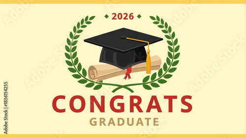 Graduation celebration for the class of 2026, featuring a mortarboard cap, diploma scroll, and laurel wreath vector design
