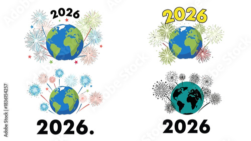 Set of four global celebration vector icons for the New Year 2026 featuring Earth and festive fireworks, isolated on a white background