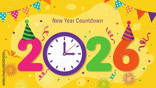 Cheerful 2026 New Year's Eve countdown concept with a clock face, party hats, and confetti on a bright yellow background