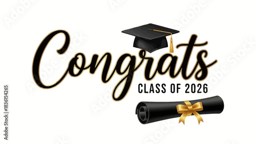 Vector illustration for the Congrats Class of 2026 graduation celebration with a mortarboard cap and diploma scroll