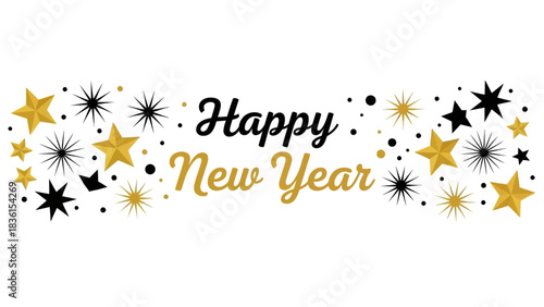 Happy New Year 2026 festive greeting card design. Celebration banner with typography and golden stars on a white isolated background