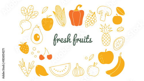A charming minimalist pattern featuring a delightful arrangement of various fresh fruits and crisp vegetables presented on a clean white background