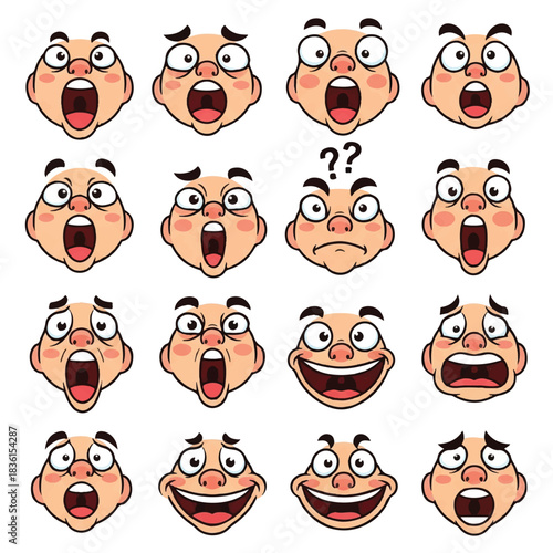 A collection of cute, goofy comic faces showcasing exaggerated emotional expressions in a clean, flat 2D vector illustration style set against a pristine white background.
