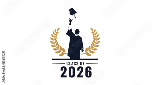 Class of 2026 graduation emblem featuring a student silhouette tossing a cap, framed by a golden laurel wreath