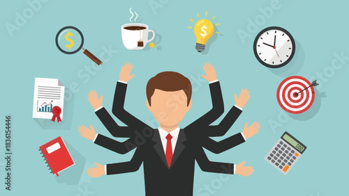 A multitasking businessman with many hands juggling various office tasks, representing productivity, efficiency, and professional skill management