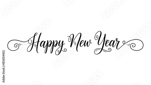 Happy New Year 2026 elegant calligraphic script with decorative swirls for a holiday greeting card design