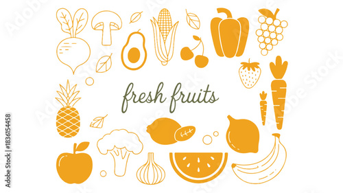 A vibrant minimalist pattern featuring a diverse assortment of fresh fruits and vegetables arranged artfully on a clean white background