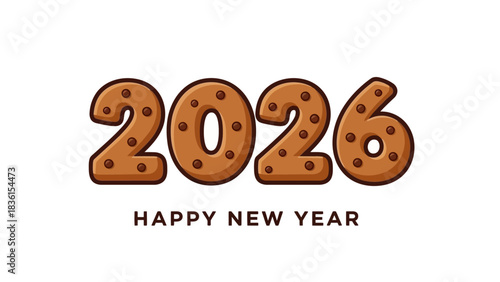 Happy New Year 2026 text design featuring numbers shaped like chocolate chip cookies. Festive holiday vector illustration