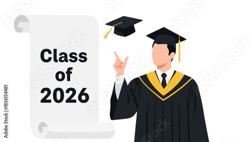 Illustration of a young man celebrating his future graduation in 2026, wearing a cap and gown for his commencement ceremony