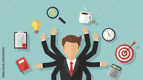 Businessman with multiple arms juggling various office tasks for effective multitasking, productivity, and business time management