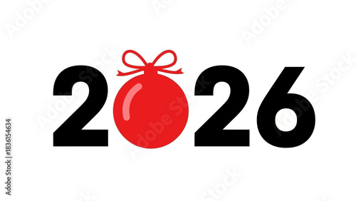 Happy New Year 2026 design with a festive red Christmas bauble ornament replacing the zero. Vector illustration for holiday greetings