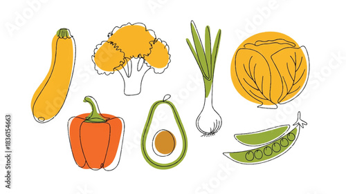 A minimalist line art illustration featuring eight distinct vegetables arranged in a neat horizontal row on a clean white background