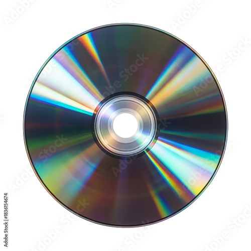 A shiny compact disc with rainbow reflections against a plain white background in a close up view