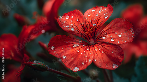 Close-up of vibrant red flower petals adorned with glistening rain drops in a garden setting, creating a refreshing scen