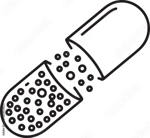 Continuous line art illustration of a capsule split in half with particles in a clean minimal medical style