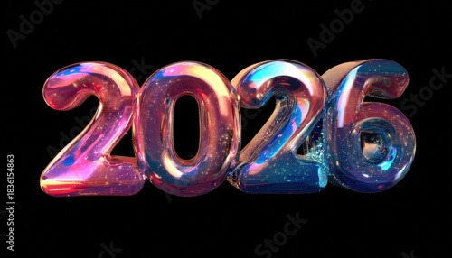 Three dimensional inflatable numerals representing the year two thousand twenty six float against a dark background