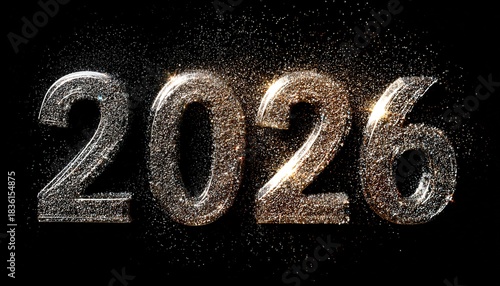 Glittering numerals representing the year two thousand twenty six emerge from darkness with sparkling effects
