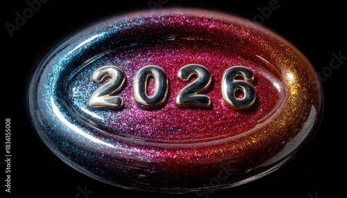Three dimensional metallic digits representing the year two thousand twenty six set within a vibrant shimmering oval shape