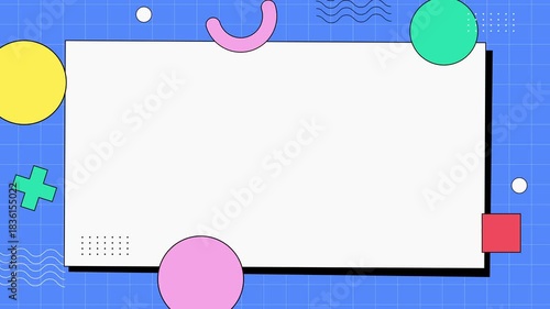 Colorful Memphis geometric background with copy space frame for text or title. Perfect for intro, presentation, template, opener, or playful creative projects.