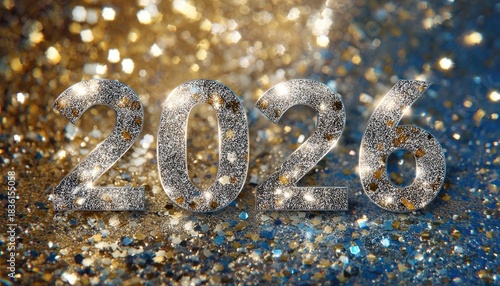 Glittering silver numerals display the year two thousand twenty six against a festive background