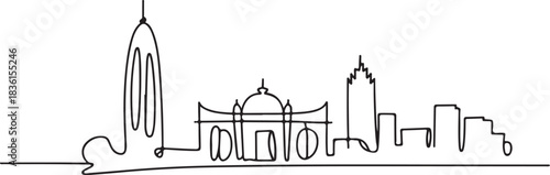 Continuous Line Art of Dhaka Skyline with Ahsan Manzil, Minimal Outline City Illustration for AI Design