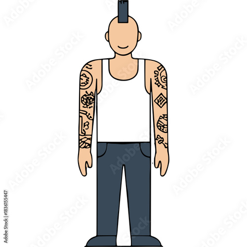 Man With Punk Hairstyle and Full Sleeve Tattoos Wearing White Tank Top and Blue Jeans Standing Against Black Background Simple Flat Design Illustration Style