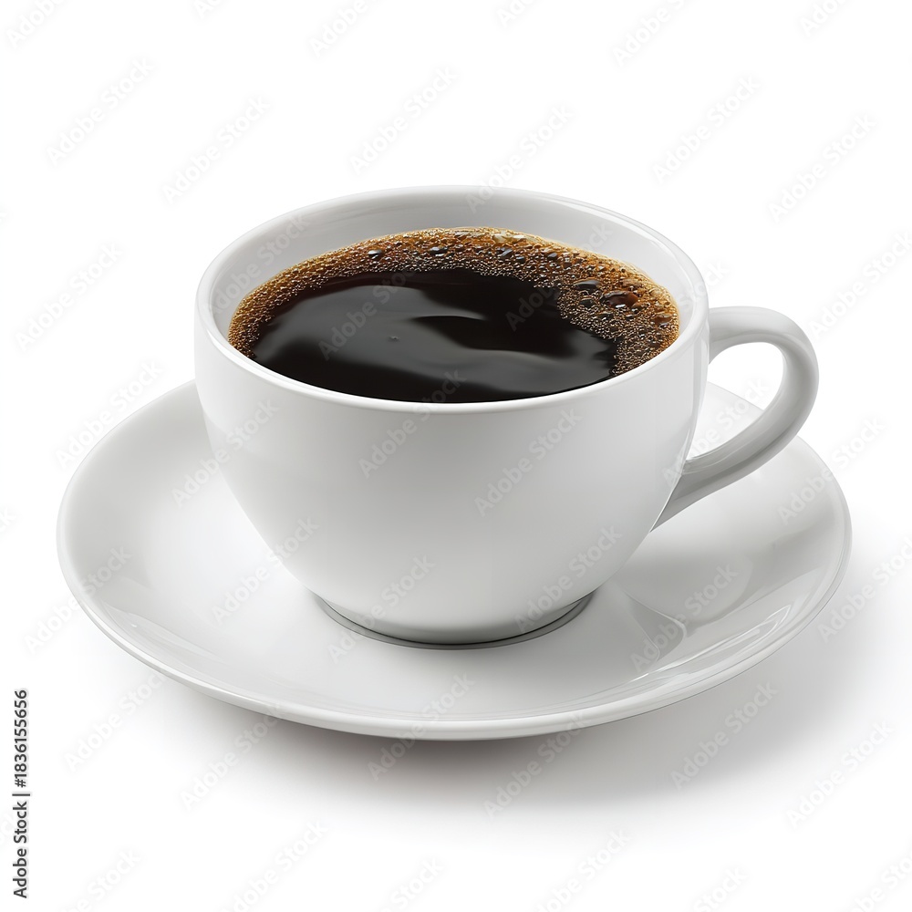 Fototapeta premium A close up shot of a white cup filled with black coffee sitting on a white saucer on white background