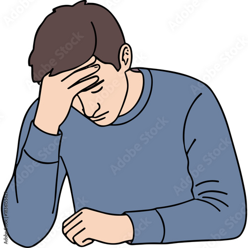 Man holding head in hands looking distressed in a blue sweater indoors with simple background