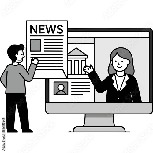 Man Holding Newspaper With NEWS Headline And Woman Presenting Information On Computer Screen In A Modern Office Setting With Minimalist Design And Clean Lines And A Subtle Grey Color Palette