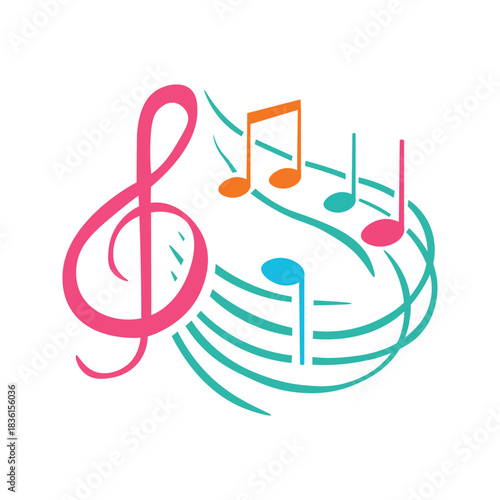 Colorful musical notes and treble clef illustration.