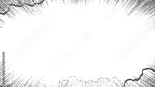 Black and white abstract comic book style explosion burst background with rough textured lines and dots