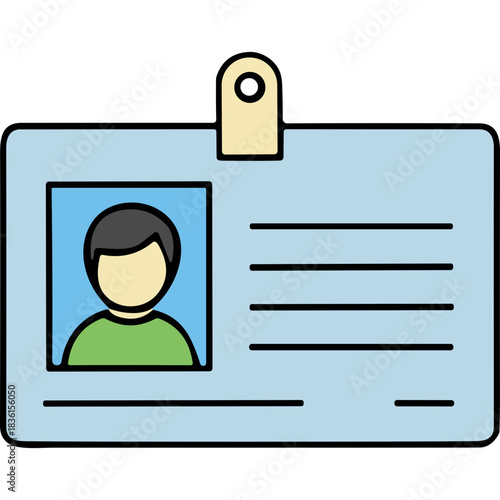 Light Blue Identification Badge With A Beige Clip Featuring A Light Blue Border Around A Profile Picture Of A Person With Black Hair And A Green Shirt And Lines For Text On The Right Side