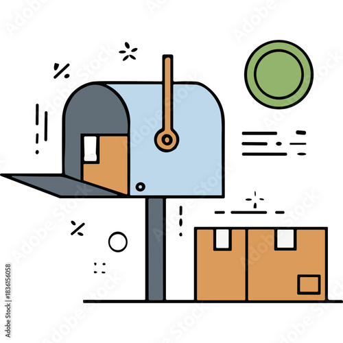 Light Blue Mailbox With Open Door Revealing Cardboard Box Inside And Two Cardboard Boxes On Ground Nearby With Green Circle In Upper Right Corner