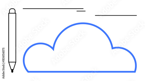 Cloud shape in blue outline paired with pen and bold lines, representing cloud technology, creativity, innovation, and digital tools. Ideal for tech, learning, design, productivity minimalism cloud