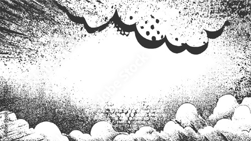 Black and white comic book style explosion with cloud shapes and distressed texture abstract background
