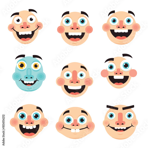 Vibrant and funny kids-style cartoon faces featuring various amusing expressions are presented as a smooth clean 2D flat vector illustration on a bright isolated white background.